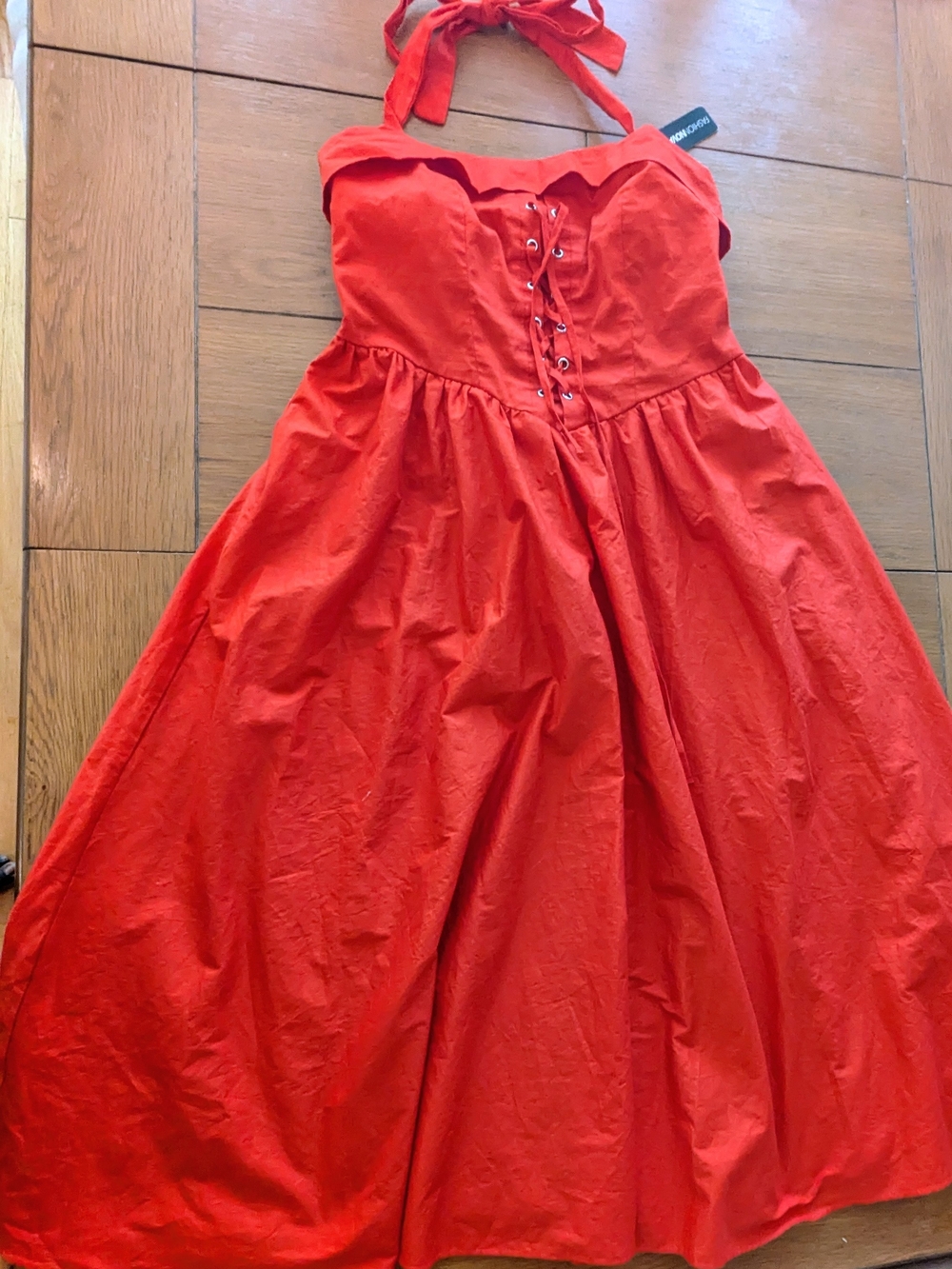 Fashion Nova Vibrant Red Halter Lace-Up Corset Bodice Cotton Women Dress XL